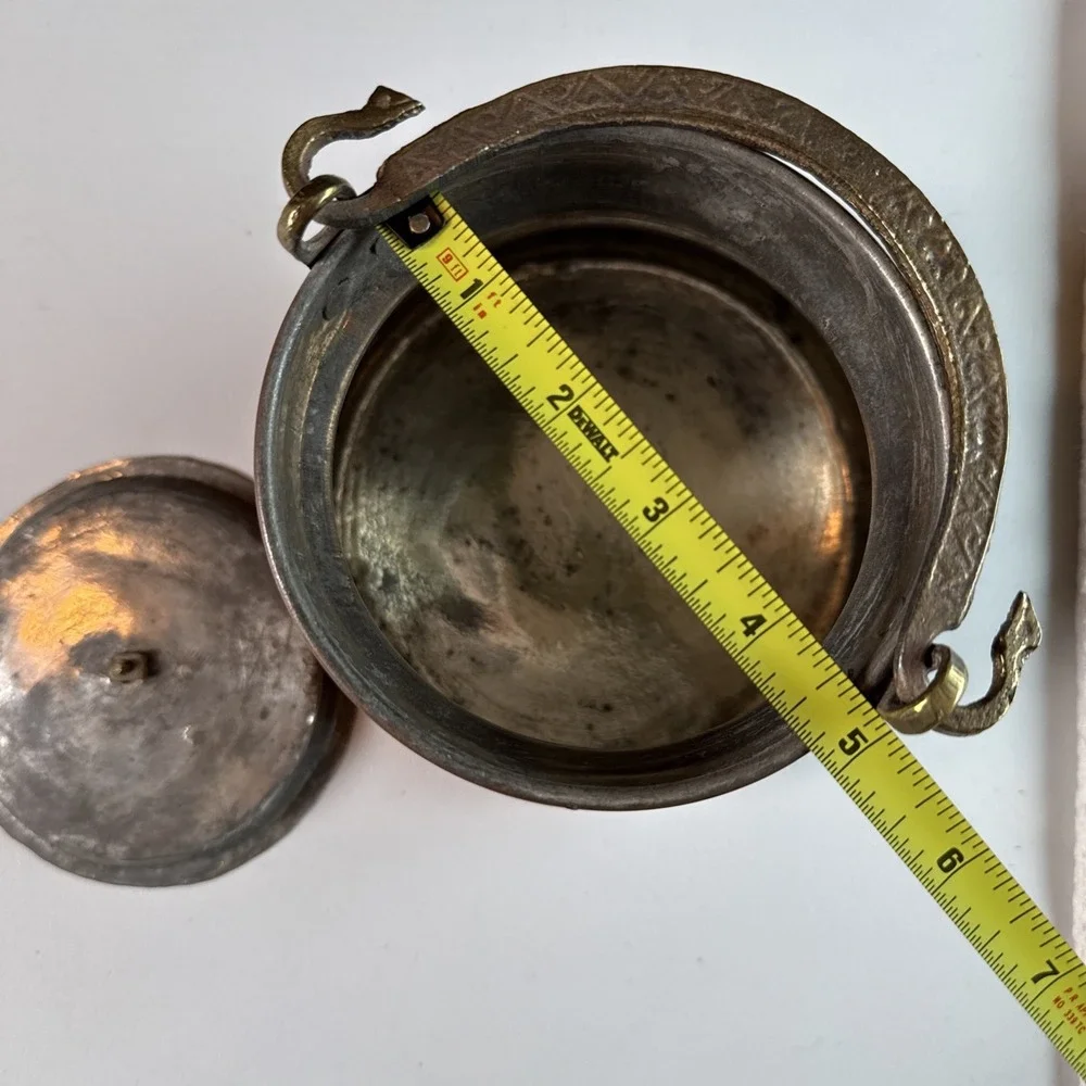 Antique Turkish Hand Hammered Copper Cauldron w/ Lid Etched Design Snake Handle